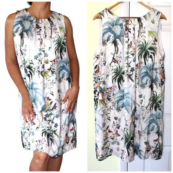 H&M summer floral Peplum tropical dress bird print macaws & butterflies Size 12 - Picture 1 of 14